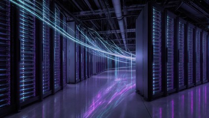 Interior of a data center with rows of servers, illuminated by glowing data streams