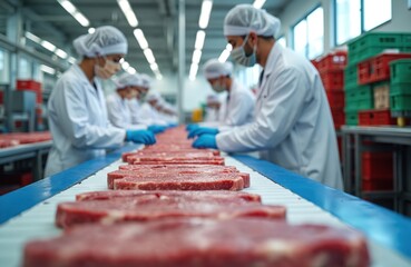 Workers in sterile coats and masks process raw meat steaks on an automated conveyor belt. Automated food production line for fresh meat cuts indoors. Meat factory operations.