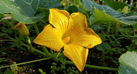 A captivating close-up showcasing the radiant beauty of a vibrant yellow pumpkin flower