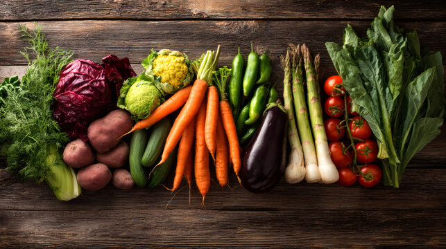 Assortment of fresh vegetables including carrots, tomatoes, eggplants, and various greens