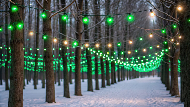 Christmas green energy eco friendly lights create magical winter forest scene with glowing string bulbs among snowy trees outdoors