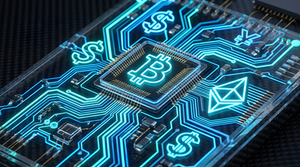 Futuristic Digital Currency and Financial Technology on a Circuit Board, Abstract Macro Photography