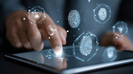 A close-up of a person's finger interacting with a digital tablet, showcasing biometric security features like fingerprint scanning technology for enhanced data protection.