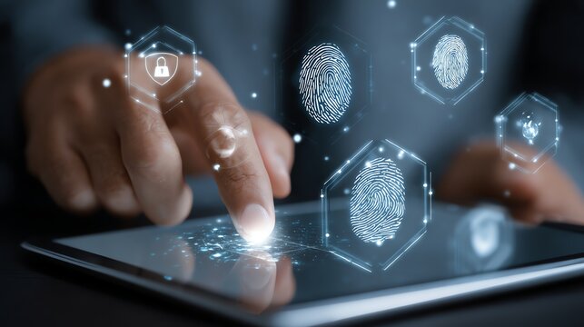 A close-up of a person's finger interacting with a digital tablet, showcasing biometric security features like fingerprint scanning technology for enhanced data protection.