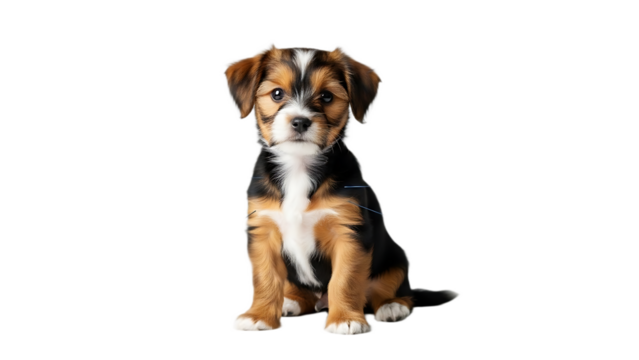 A cute puppy with brown and black fur sitting upright against a black background looking forward