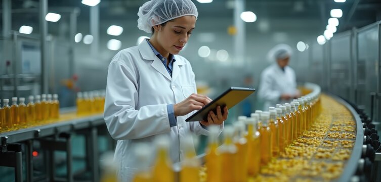 Woman in white uniform uses tablet to monitor oil bottles on conveyor in factory. Employee inspects production line. Quality control expert working at food manufacture plant manages industrial