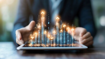 A professional individual analyzing data visualization on a tablet, showcasing growth with glowing charts and upward trends, symbolizing success and effective decision-making.