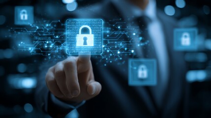 A business professional interacts with a digital padlock interface, depicting cybersecurity and data protection