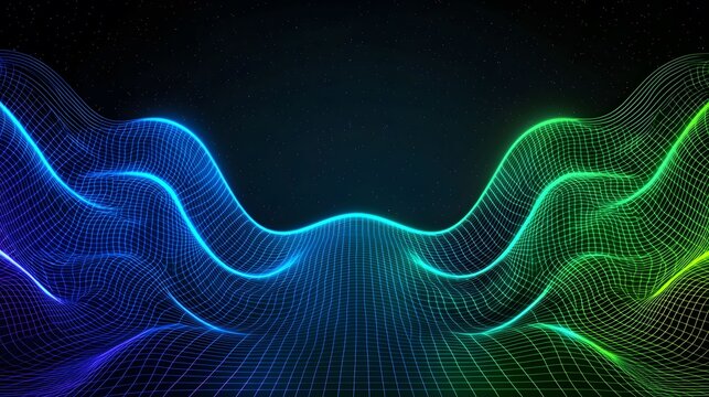 The image presents a captivating digital landscape with a vibrant, wireframe mesh structure, set against a backdrop of a starry night sky, transitioning from blue to green.