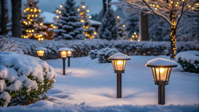 Christmas green energy eco friendly garden lights glow warmly in snowy winter landscape with festive trees and peaceful atmosphere