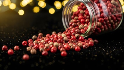 Red peppercorns spilling from glass jar gourmet spice image