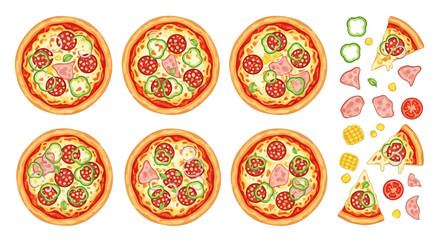 Assorted pizzas with various toppings and slices on a