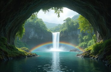 Naklejka premium Dark cave mouth overlooks majestic waterfall flowing into clear blue lake. Vibrant rainbow forms over misty water, reflecting. Green trees cover steep cliffs, mountains. Natural landscape hidden
