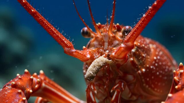 Close-up of vibrant orange spiny lobster in deep blue ocean water
