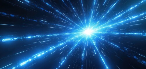 Naklejka premium Abstract blue light tunnel with streaks, moving fast through cosmic space. Streaks of light zoom past a central bright point. Cybernetic and futuristic motion graphic.