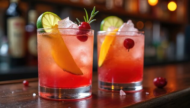 Two bright red cocktails with mango slices lime wedges, cranberries sit on dark wooden bar. Ice cubes fill glasses with refreshing beverages garnished with rosemary sprigs. Drinks await thirsty