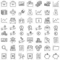 Collection of various business and finance icons including charts, graphs, money bags, and financial documents