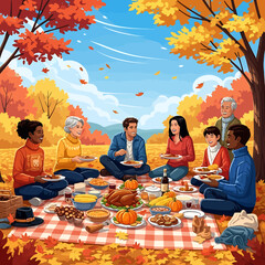 A joyful multi-generational and diverse family gathers for a festive Thanksgiving picnic amidst vibrant autumn foliage in the park