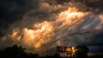 Dramatic storm clouds with sunlight breaking through above a house