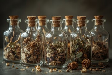 Bottles filled with dried herbs and flowers arranged on a wooden surface in soft lighting