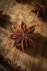 Fototapeta premium Unique star-shaped spice on wooden surface with warm lighting highlights