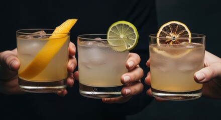 Refreshing citrus cocktails trio with garnishes in hands
