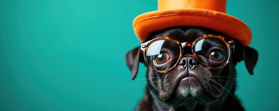 Close up of black pug dog wearing orange hat and eyeglasses. Cute dog looks forward against bright teal background. Fun pet portrait for greeting cards or social media posts.