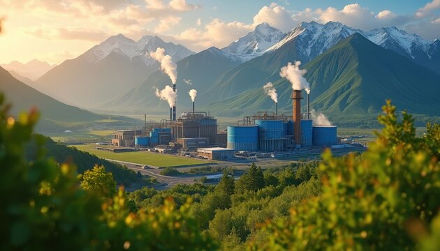 Carbon capture plant in mountain valley at sunset. Industrial facility with smoking chimneys, storage tanks for CO2 sequestration. Factory uses technology for air pollution control. Sustainable