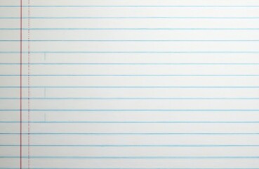 Close-up view reveals lined notebook paper texture. Blue horizontal lines create structured pattern. Vertical red line marks margin on left. Blank sheet is ideal for writing notes for school projects.