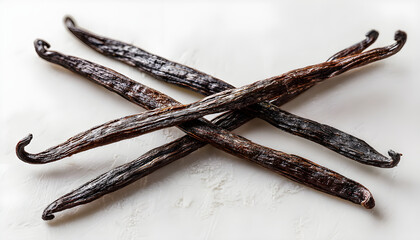 Obraz premium Three vanilla pods arranged on a white surface