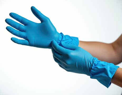 Person wears blue nitrile glove on hand. One hand pulls second protective rubber glove onto wrist. Medical healthcare worker prepares for safe important work. Hygiene, disease prevention concept.