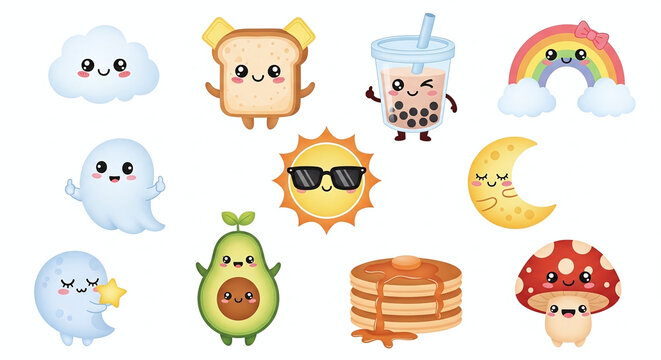 Cute Kawaii Food  Weather Illustrations.