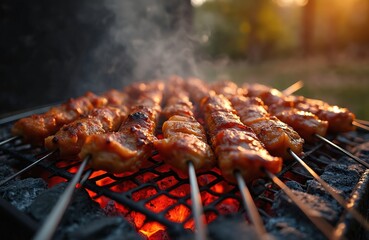 Marinated meat skewers cook on hot coals outdoor. Smoke rises from juicy grilled shashlik on barbecue grill rack. Delicious food preparation for summer picnic party.