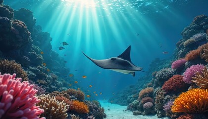Obraz premium Stingray swim in blue sea water. Fish swim underwater near coral reef. Marine life scene shows ocean habitat with sunlight and diverse species. Beautiful corals and sun rays.