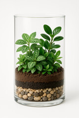 Tropical Closed Glass Terrarium with Layered Soil and Green Foliage
