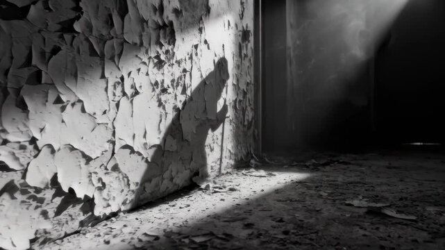 Person Writes on Wall in Abandoned Room With Light Streaming From Window