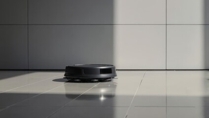 Modern Robotic Vacuum Cleaner on a Tiled Floor with Sunlight Shadows.