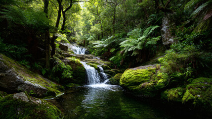 Obraz premium Lush green forest with a small waterfall flowing through moss-covered rocks