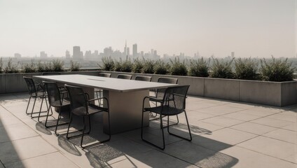 Modern Rooftop Terrace with City Skyline View and Outdoor Dining Set.