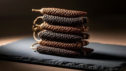 Stacked cinnamon roll sticks on blue surface spice food image