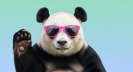 Fototapeta premium Playful panda bear wearing bright pink sunglasses waves hello against a soft blue background. Perfect for fun marketing campaigns, social media posts, or cheerful greeting cards.
