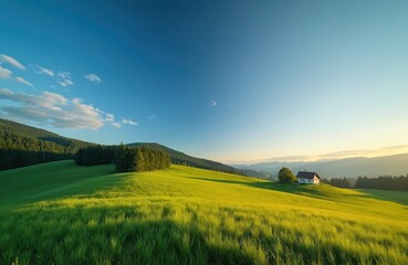 Obraz premium Idyllic summer landscape features rolling hills and meadows. A small house sits among green fields in countryside. Clear sky creates peaceful atmosphere for relaxation at rural farmland.