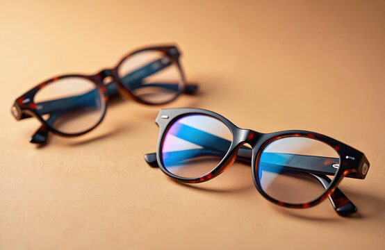 Two pairs of trendy eyeglasses lay on warm beige background. Stylish tortoise shell frames, blue light filtering lenses visible. Modern eyewear represents optical fashion, vision correction, eye