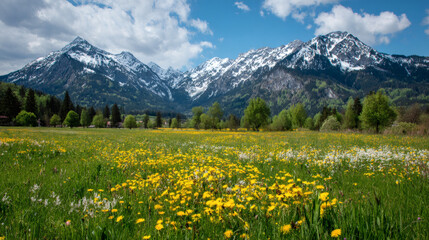 Beautiful mountain landscape with blooming wildflowers under a clear blue sky