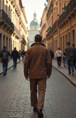 Man in brown jacket walks away on old city street. Back to camera, strolling cobblestone road. People wander among historic European buildings, exploring town. Lone tourist travels solo on vacation.