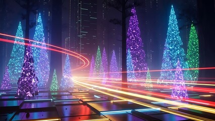 Futuristic city street at night with colorful neon lights and light trails