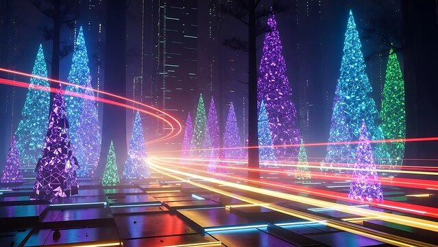 Futuristic city street at night with colorful neon lights and light trails