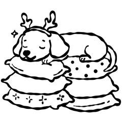 cozy sleeping dachshund reindeer on fluffy pillow stack cute christmas winter dog line art illustration kawaii holiday doodle clipart