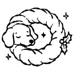 dachshund curled inside christmas wreath cute sleepy holiday dog line art illustration winter cozy doodle art festive clipart