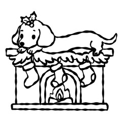 Sweet dachshund resting on a decorated fireplace mantle with stockings and festive garland creating a warm cozy Christmas scene perfect for holiday clipart lovers
